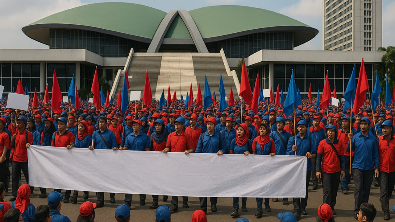 Aksi Damai Buruh Tolak RUU Ketenagakerjaan Warnai Depan Gedung DPR/MPR | Nasional